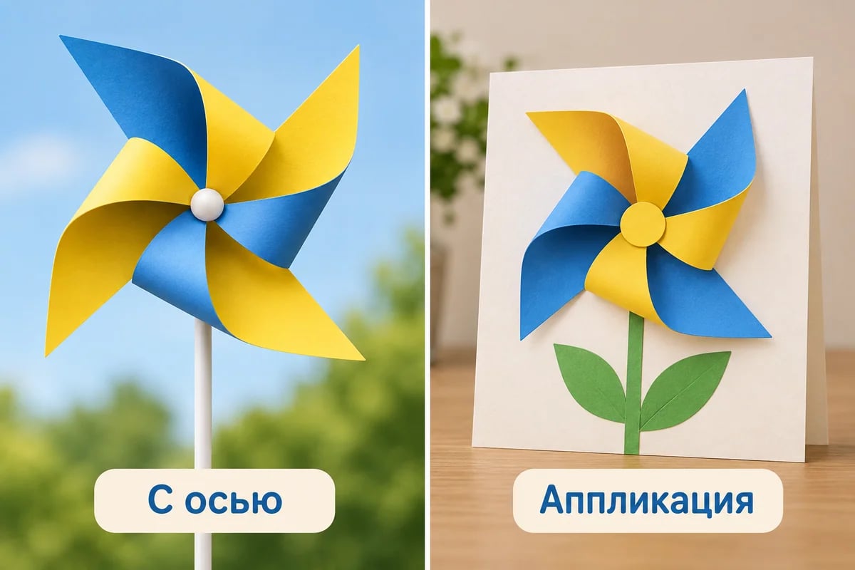Вертушка на палочке с осью и неподвижная аппликация цветка со стеблем и листьями