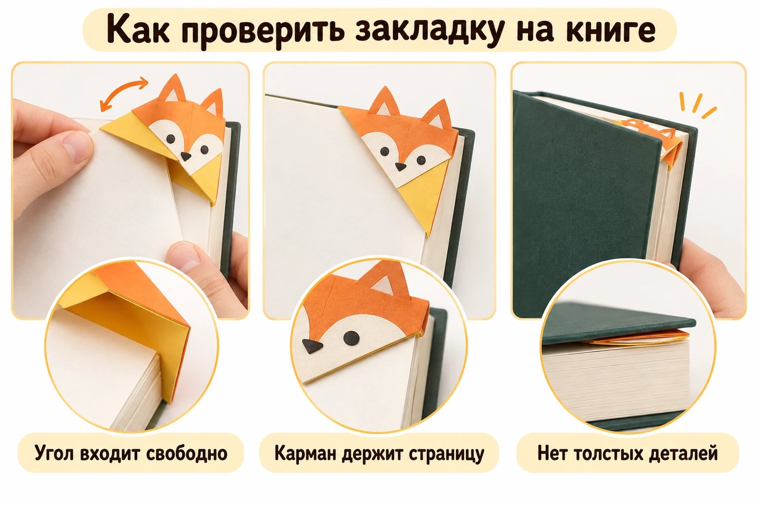 Как проверить закладку на книге. Угол входит свободно; Карман держит страницу; Нет толстых деталей.