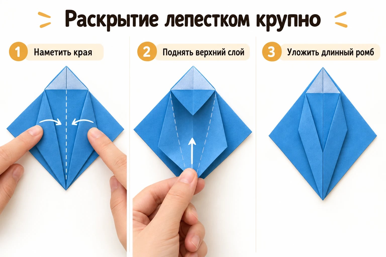 Раскрытие лепестком крупно. Наметить края; Поднять верхний слой; Уложить длинный ромб.