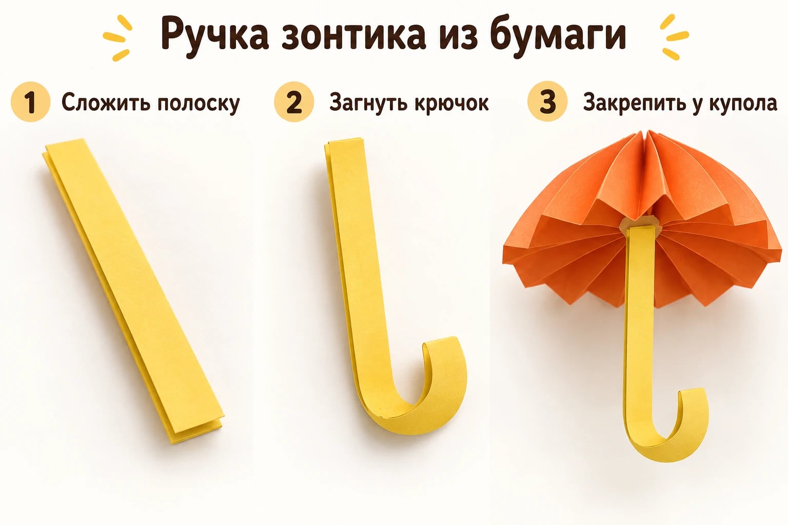 Ручка зонтика из бумаги. Сложить полоску; Загнуть крючок; Закрепить у купола.