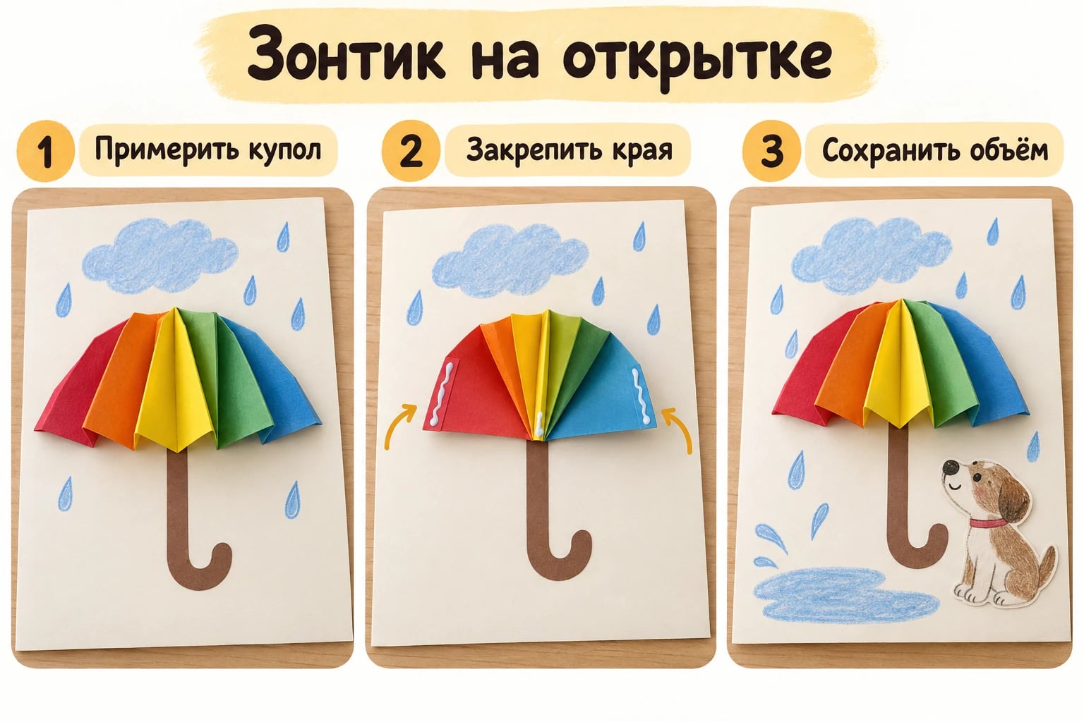 Зонтик на открытке. Примерить купол; Закрепить края; Сохранить объём.