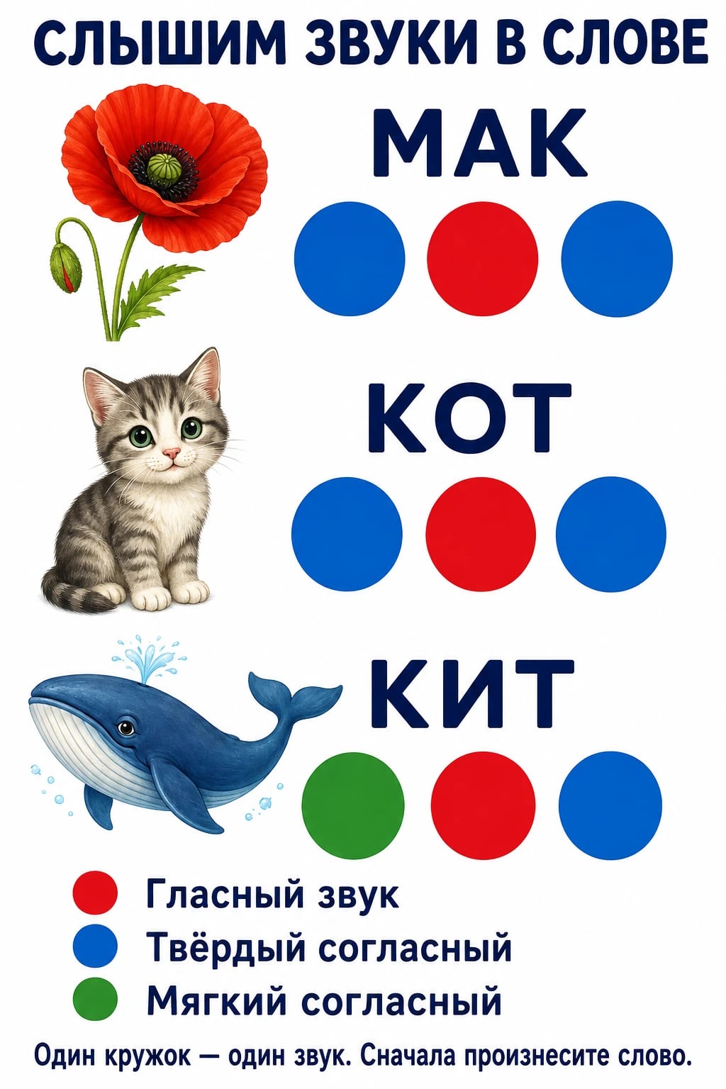 Схемы трёх слов: МАК — синий, красный, синий; КОТ — синий, красный, синий; КИТ — зелёный, красный, синий