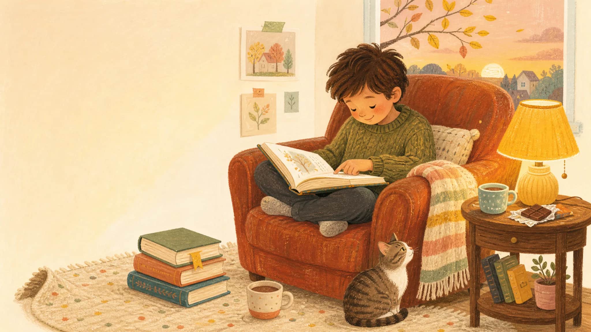Ребёнок 6-7 лет уютно читает книгу в мягком кресле под жёлтой настольной лампой осенним вечером