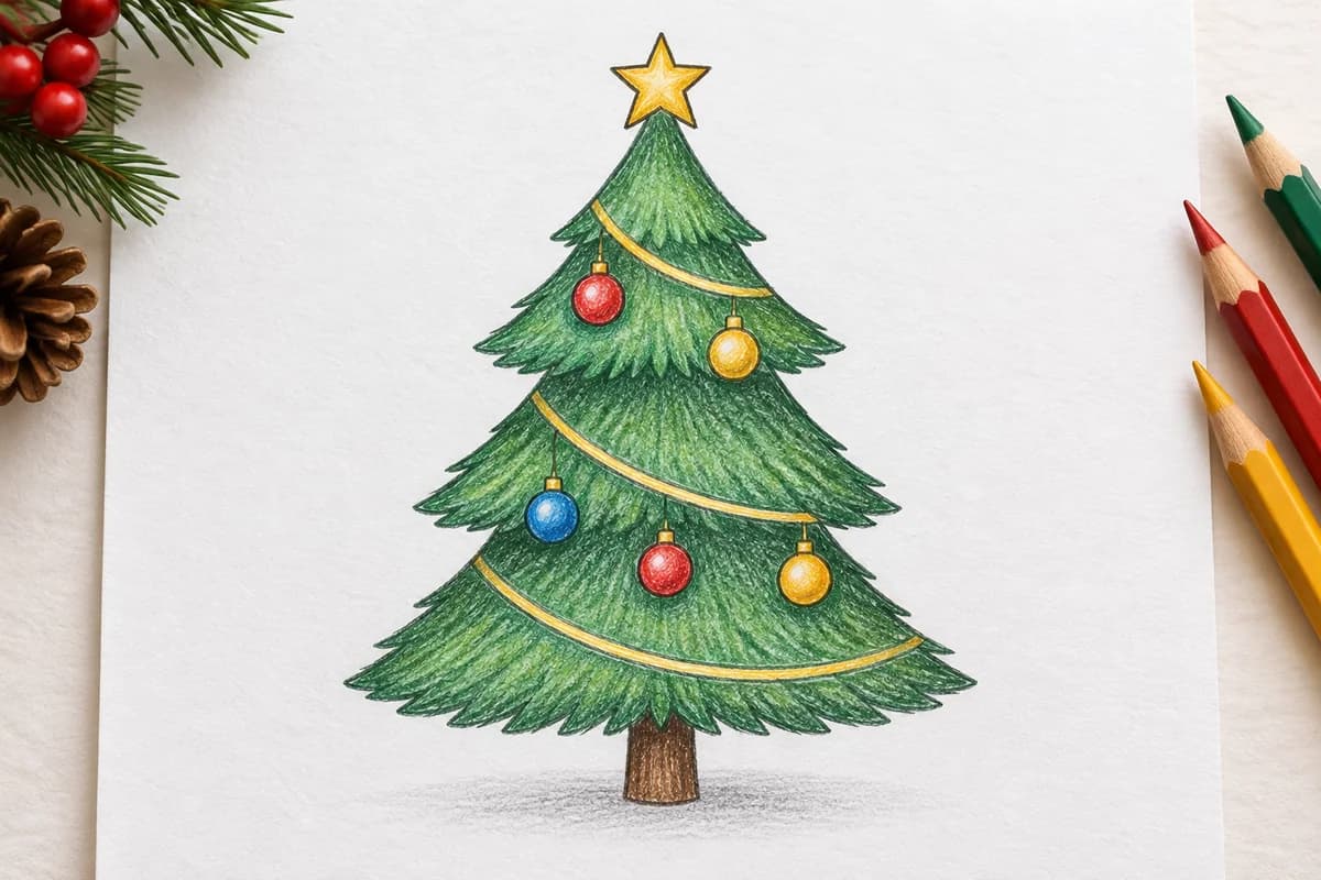 Рисунок ёлки с четырьмя расширяющимися ярусами, коротким стволом, пятью шарами, гирляндой и звездой; усложнённый вариант из статьи.