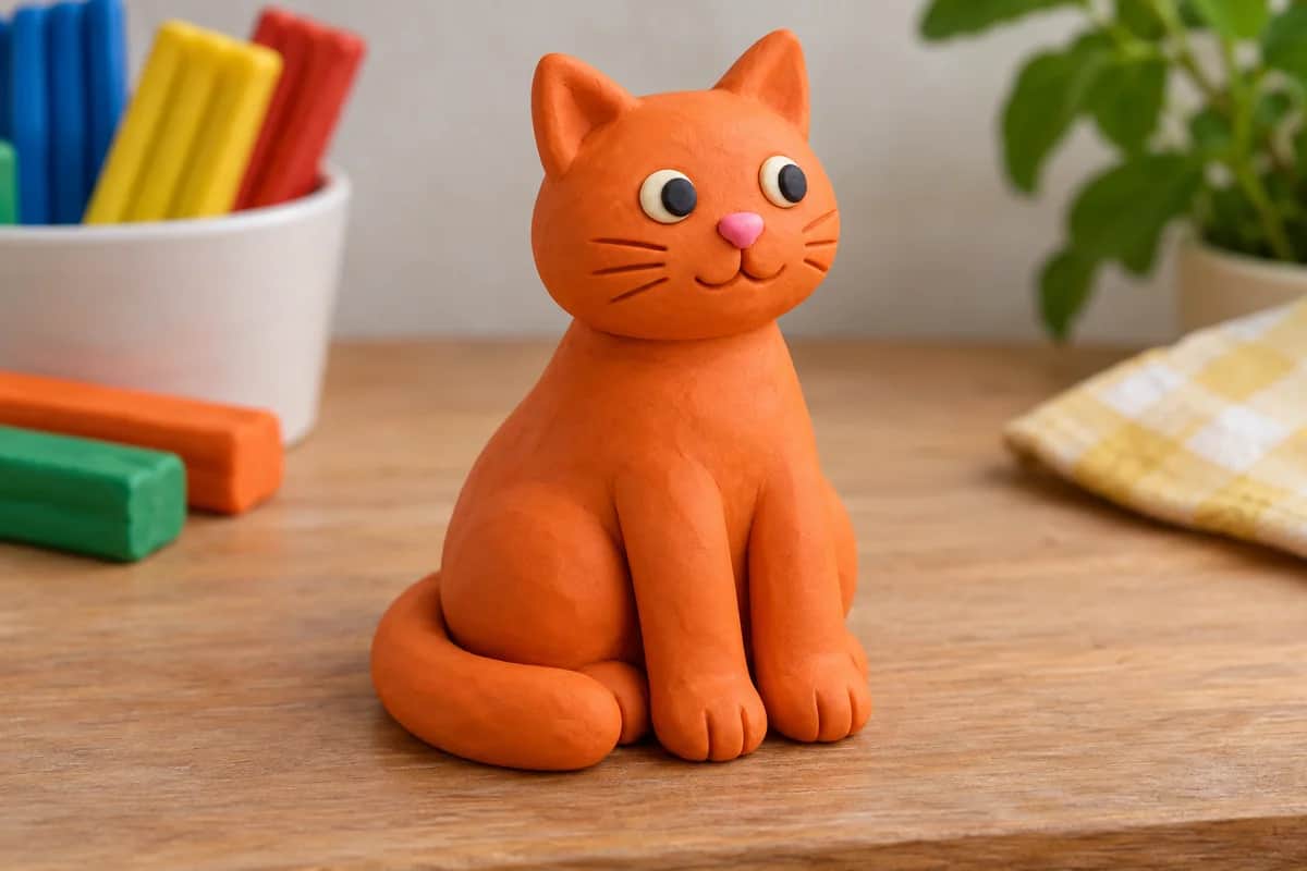 Сидящий пластилиновый кот с коротким хвостом у основания