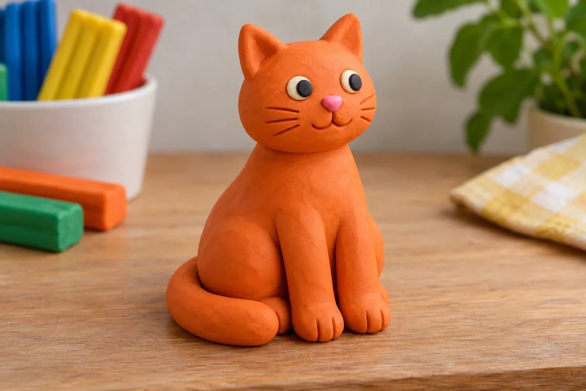 Сидящий пластилиновый кот с коротким хвостом у основания