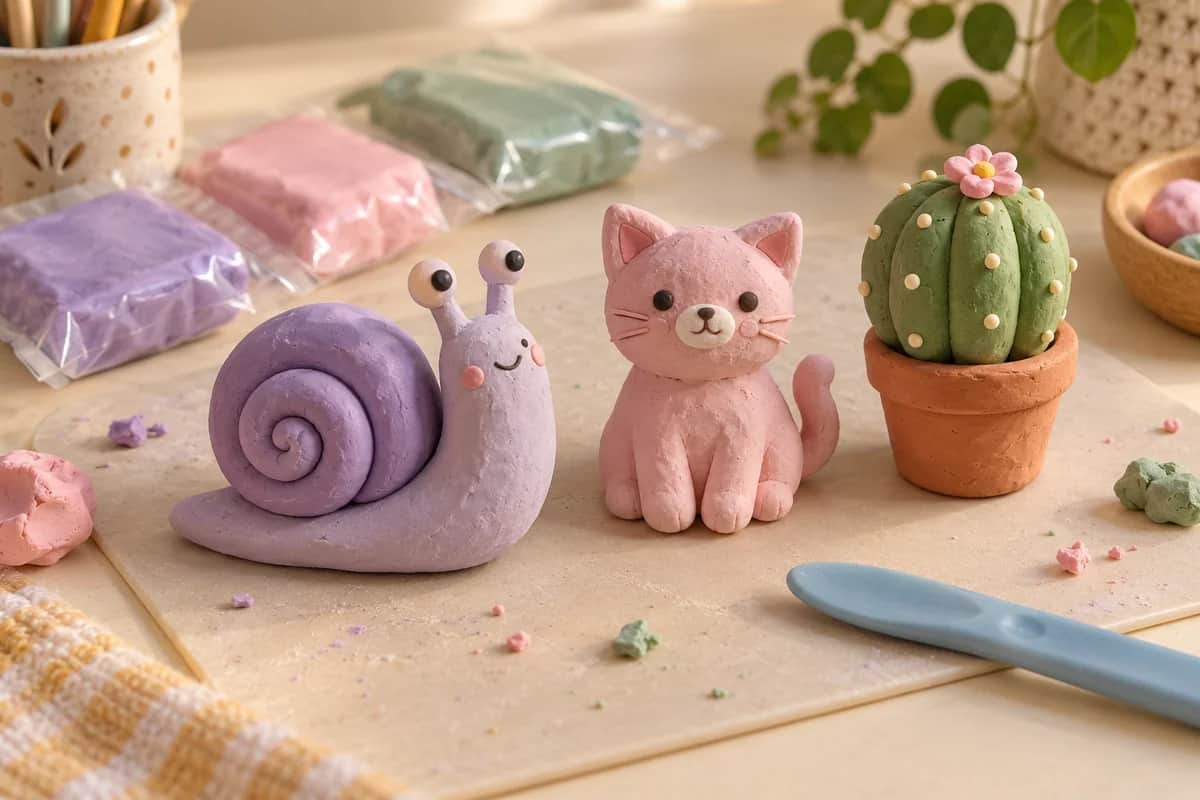 Улитка, котик и кактус из лёгкой массы для лепки