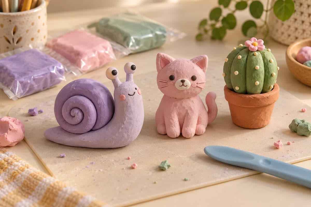 Улитка, котик и кактус из лёгкой массы для лепки