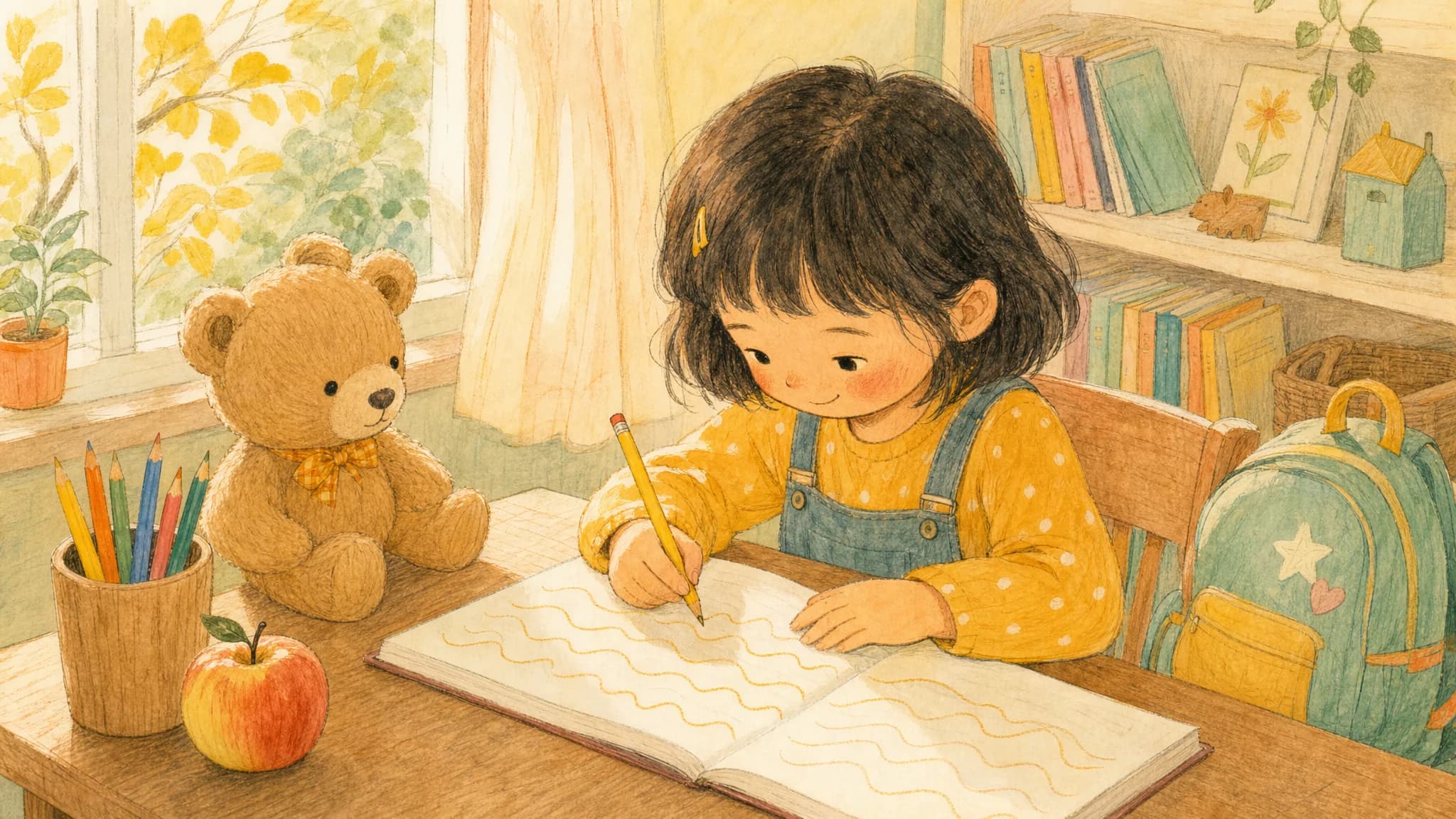 Ребёнок 6-7 лет сидит за столом дома, рисует прописи карандашом, рядом раскрытая тетрадь и яркие фломастеры