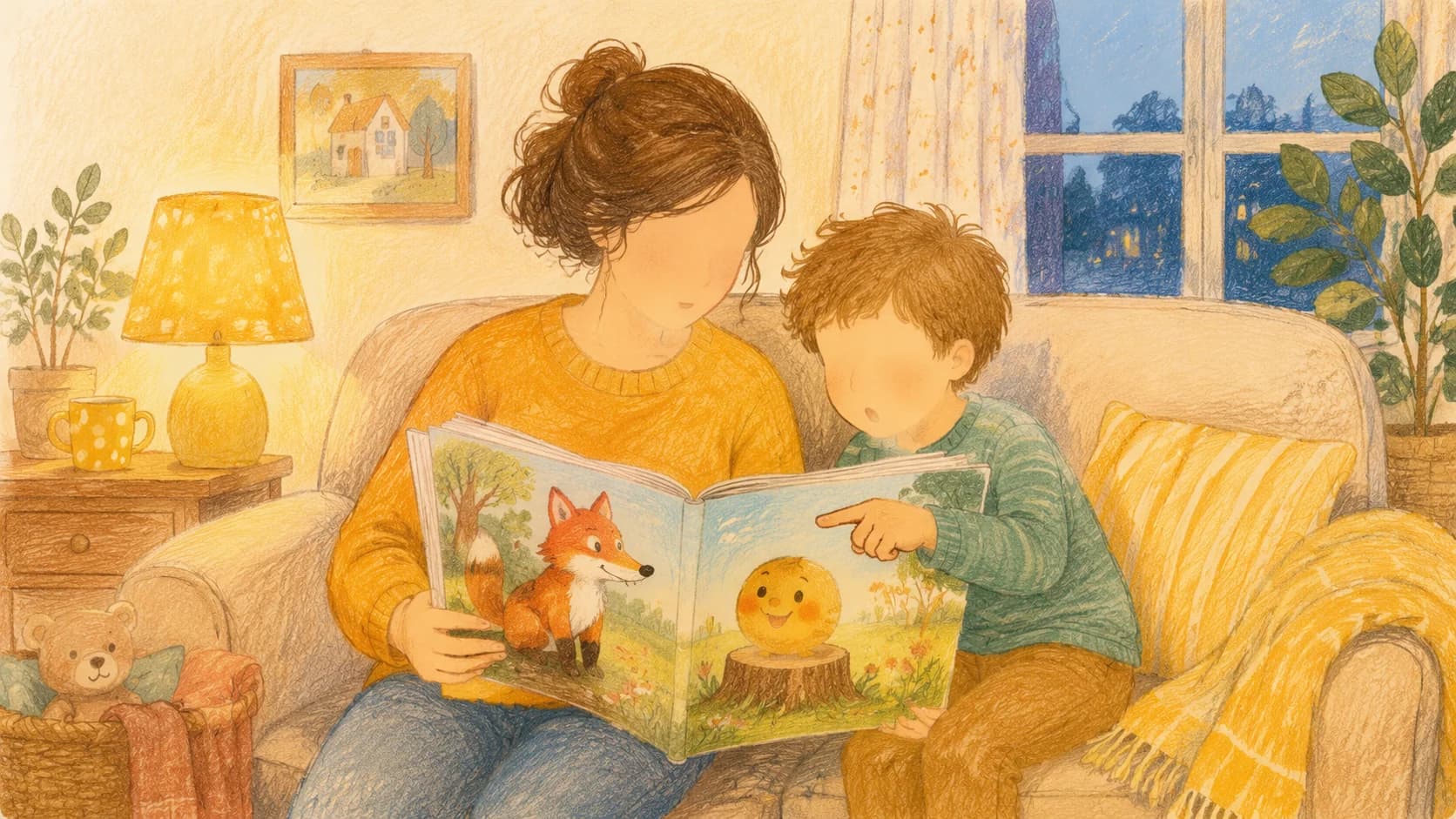 Родитель и ребёнок 6-7 лет сидят на диване, вместе читают большую книгу с иллюстрациями русских сказок при свете настольной лампы