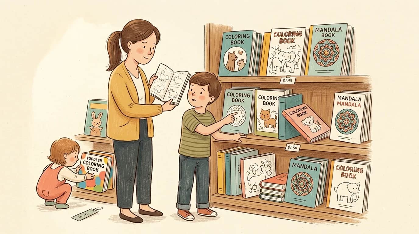 Мама с ребёнком 7-8 лет и младшим 4 лет выбирают раскраску среди разных книг на полке в книжном магазине, тёплый дневной свет