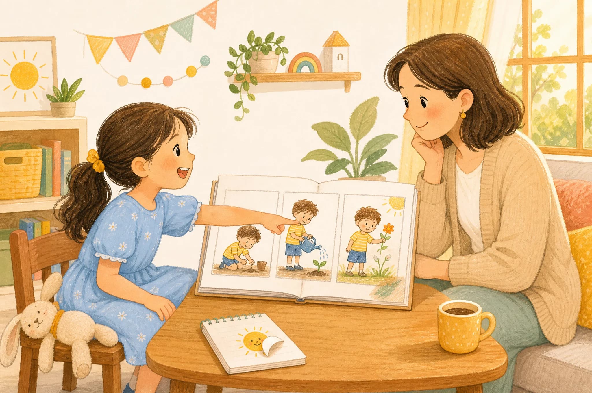 Логопед и девочка 7 лет на занятии по связной речи - ребёнок рассказывает историю по сюжетным картинкам
