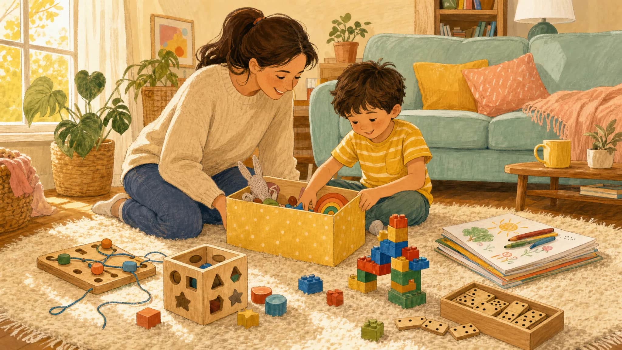 Родитель и ребёнок 5 лет рассматривают разные развивающие игрушки на полу в гостиной перед выбором подарка