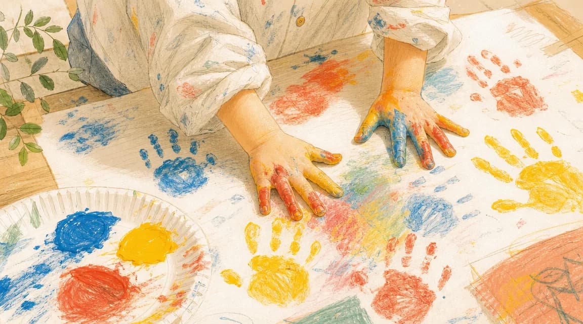 Ребёнок 3-4 лет делает разноцветные отпечатки ладоней пальчиковыми красками на большом листе бумаги, рядом блюдце-палитра