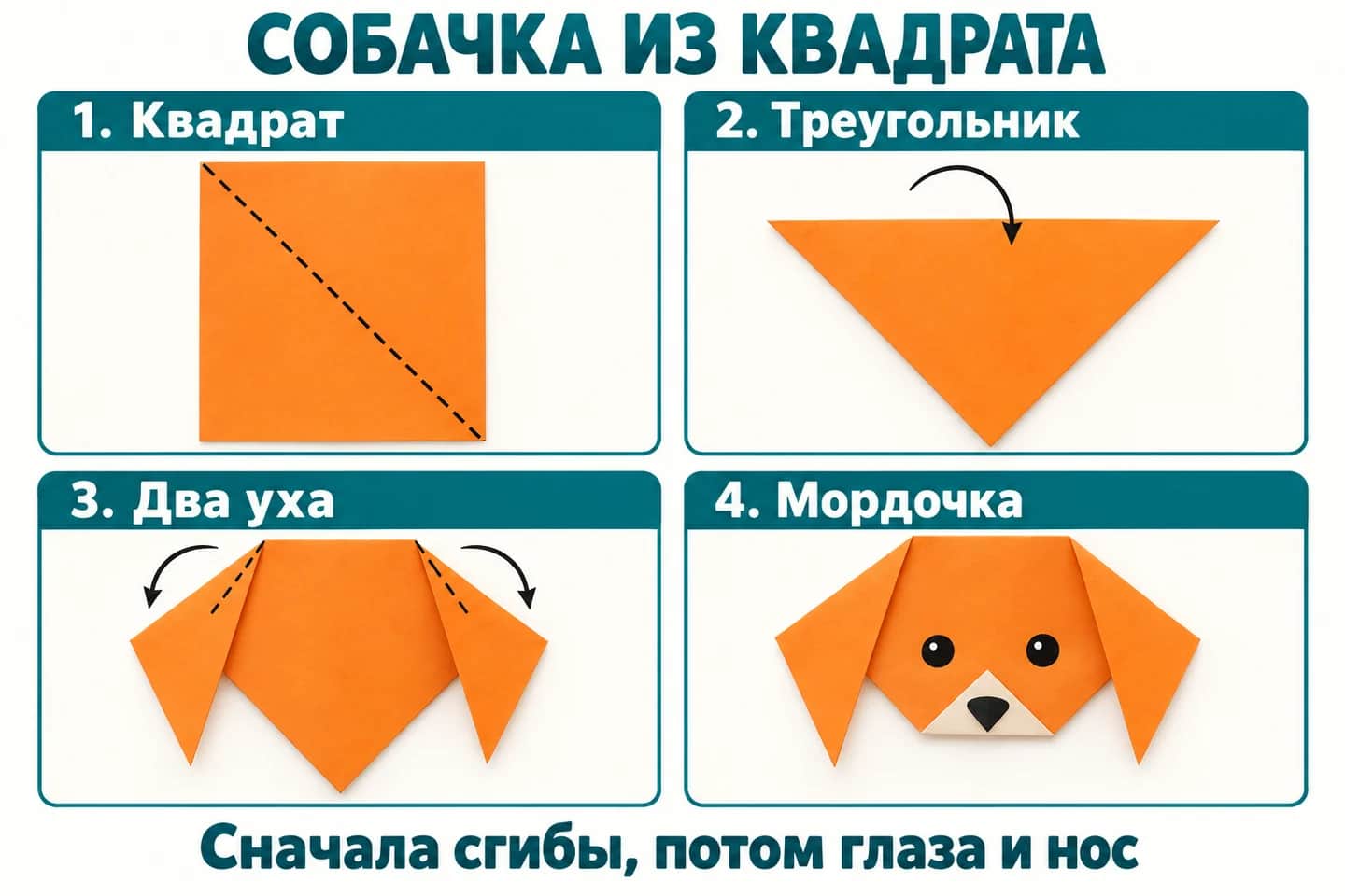 Квадрат, треугольник, уши и мордочка собаки оригами