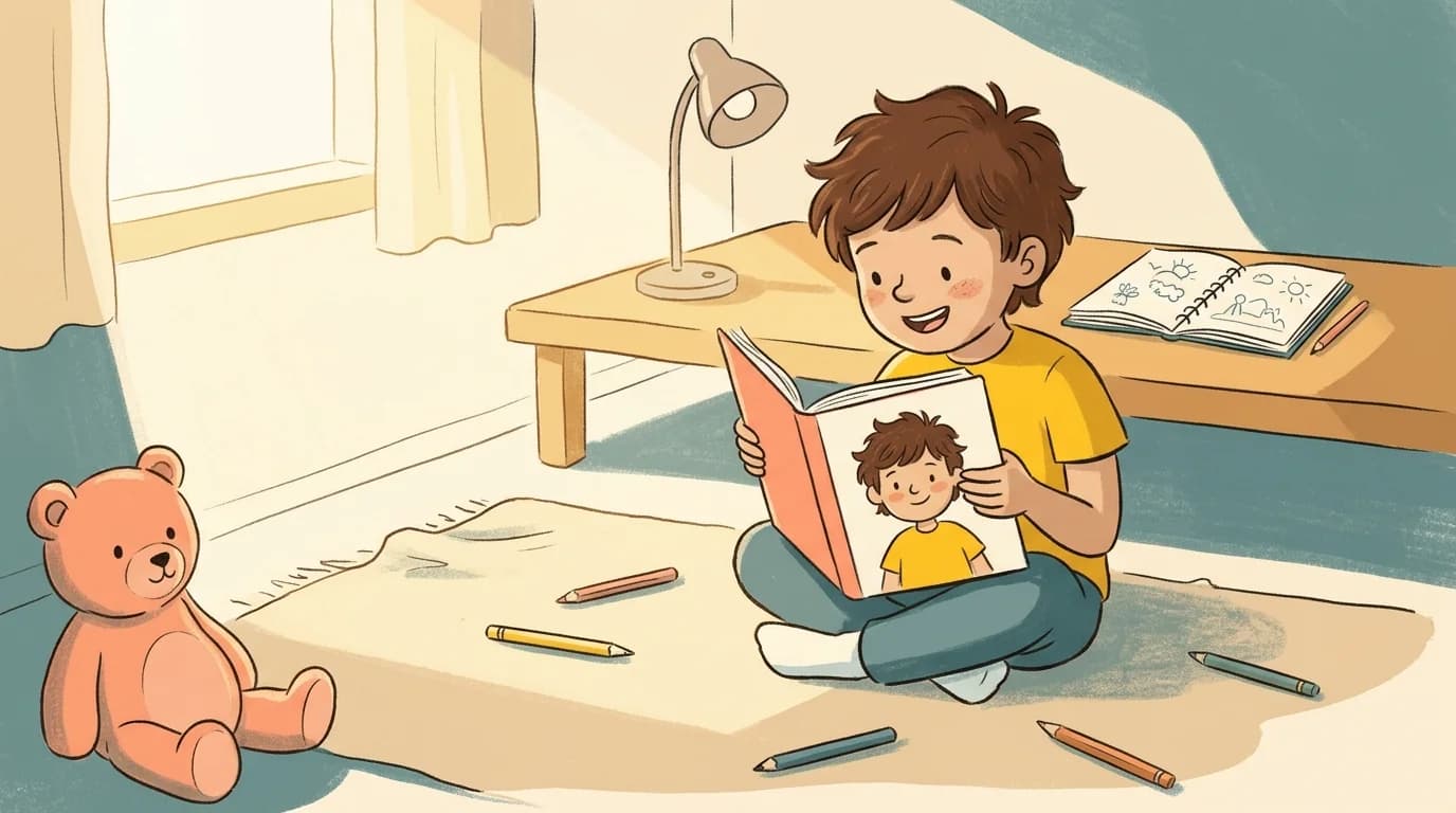 Счастливый ребёнок 6 лет с тёплым светом из окна читает персональную книгу с собой на обложке