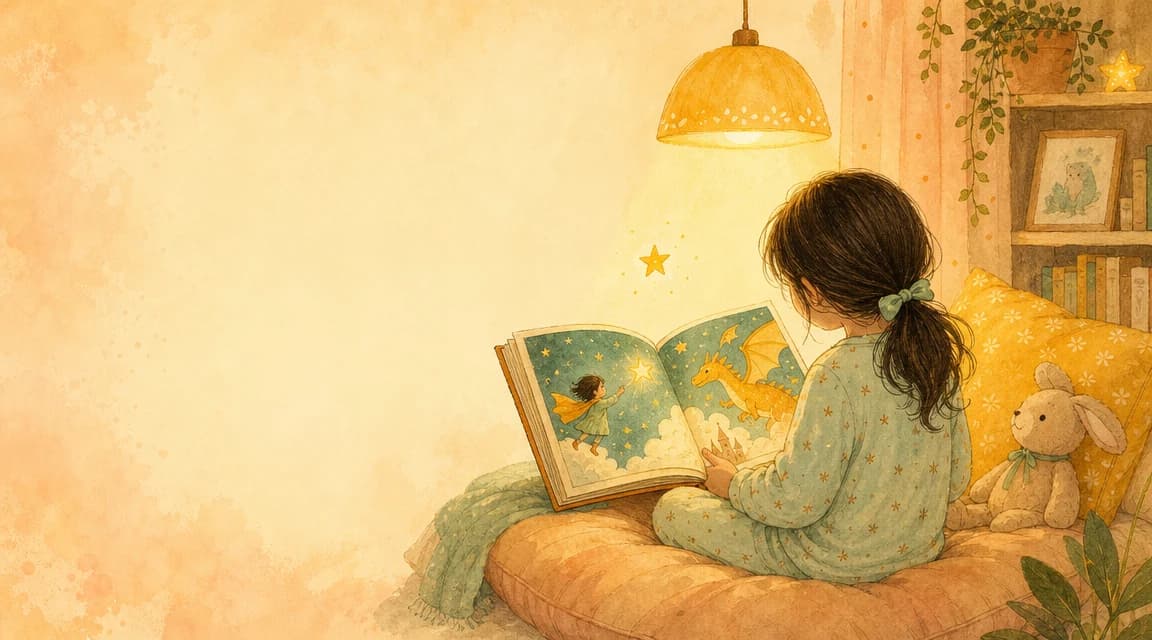 Девочка 6-7 лет в пижаме сидит на подушке, читает открытую цветную книгу-сказку с иллюстрациями приключений главного героя, рядом плюшевый зайчик, тёплый свет настольной лампы