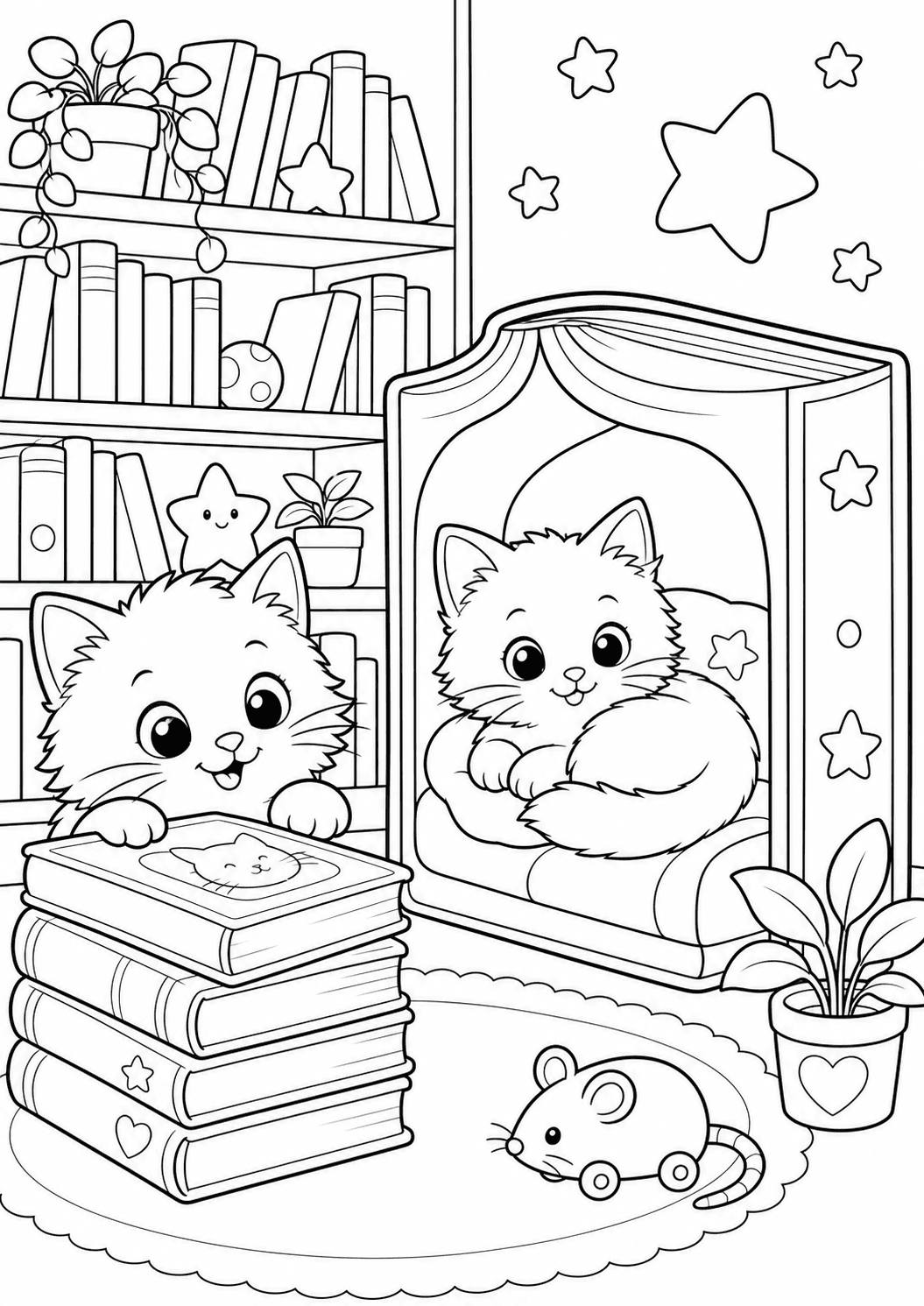 Котята в библиотеке — бесплатная раскраска для печати
