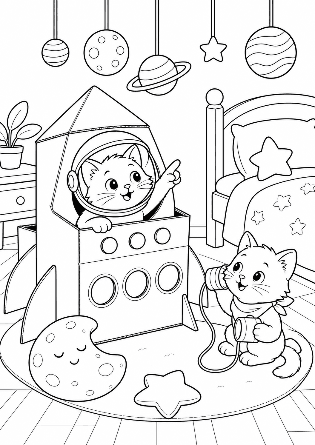 Котята играют в космос — бесплатная раскраска для печати