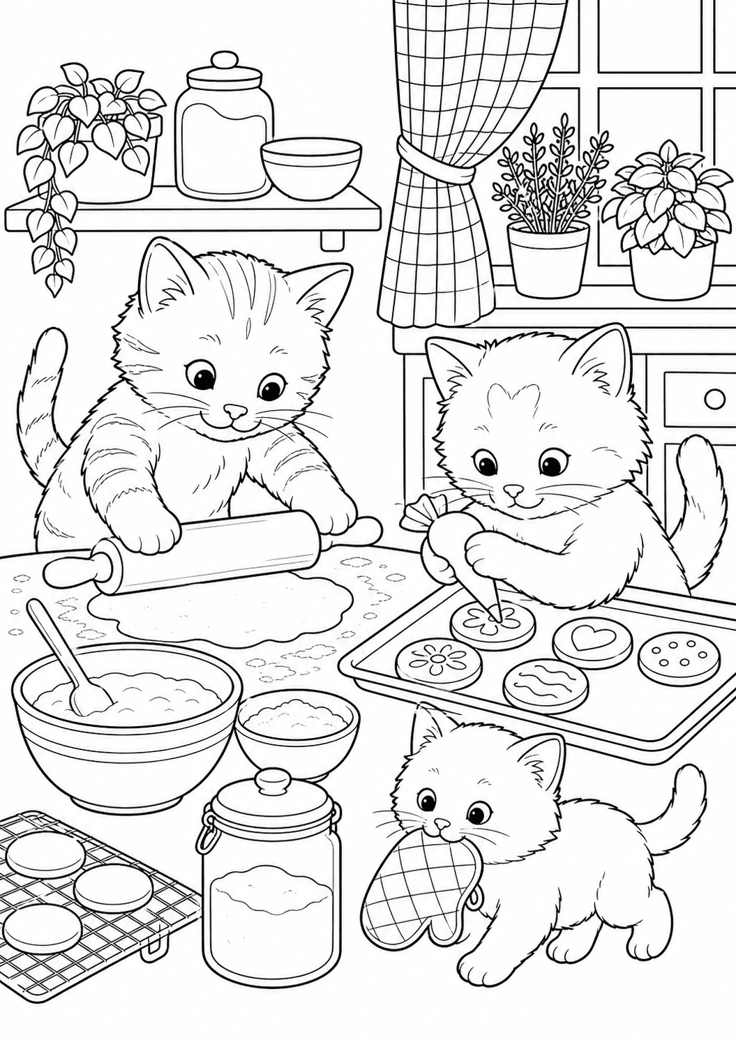 Котята пекут печенье — бесплатная раскраска для печати