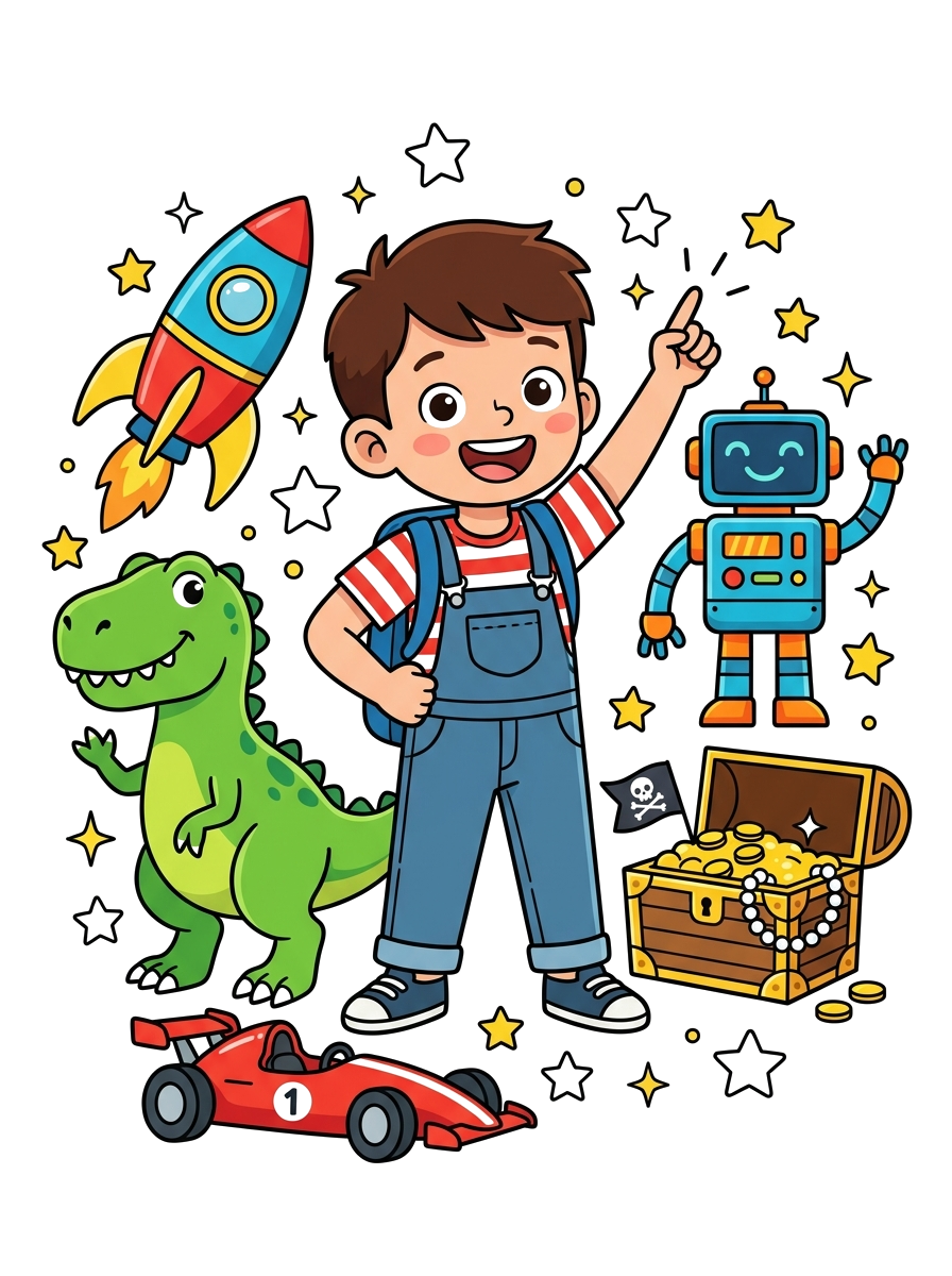 Персональная книга-раскраска для мальчиков — мальчик в окружении динозавров, ракет и роботов